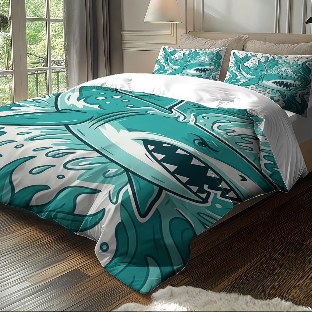 Shark Bedding Set 2/3 Piece Sea Life Print Microfiber Duvet Cover with Zipper Pillowcase, Bedroom Decoration Gift for Boys