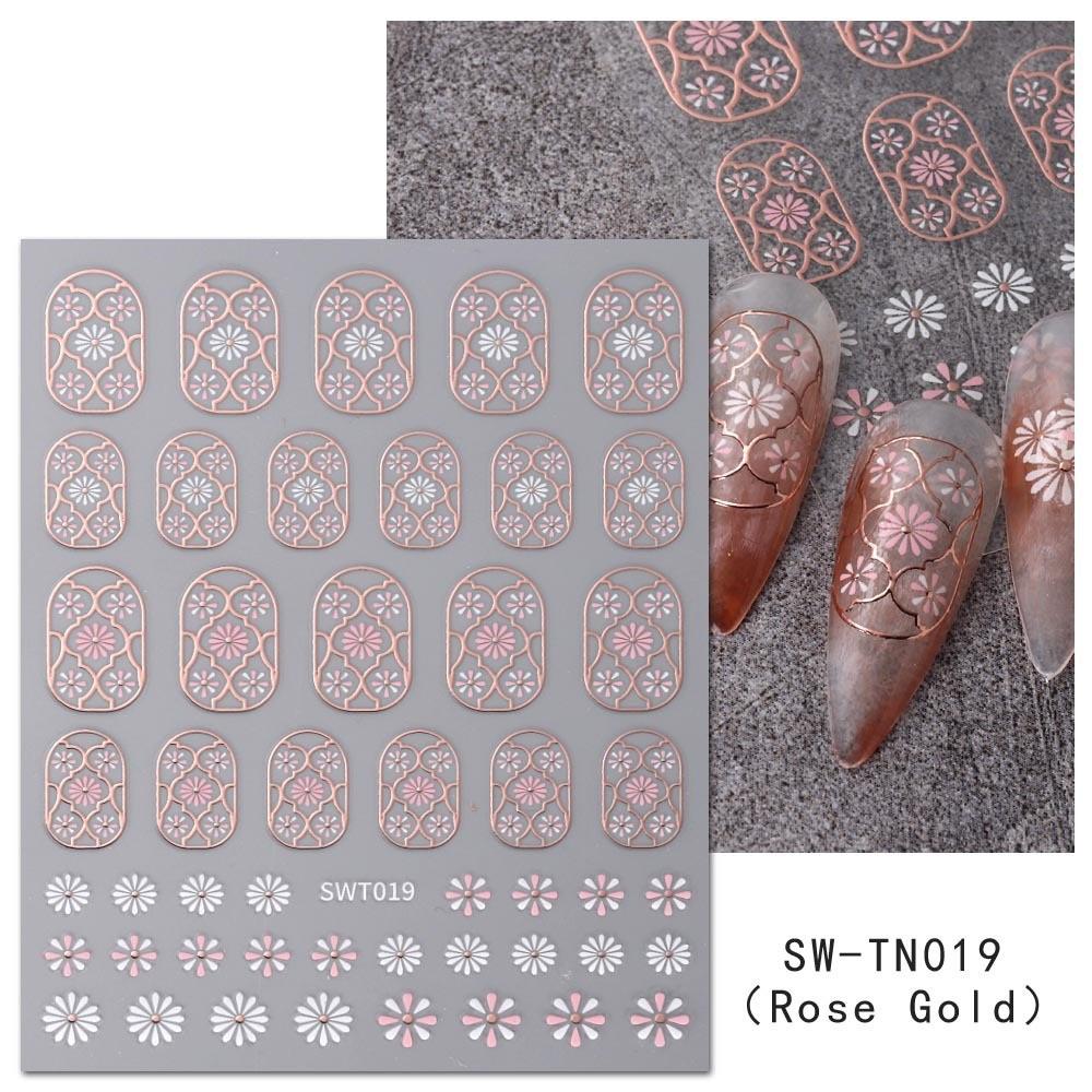 Наклейка для ногтей с горячим тиснением золотом, трехцветная роспись листьев, выдолбленный цветок, черно-белая звезда, клейкая наклейка на заднюю часть ногтя
