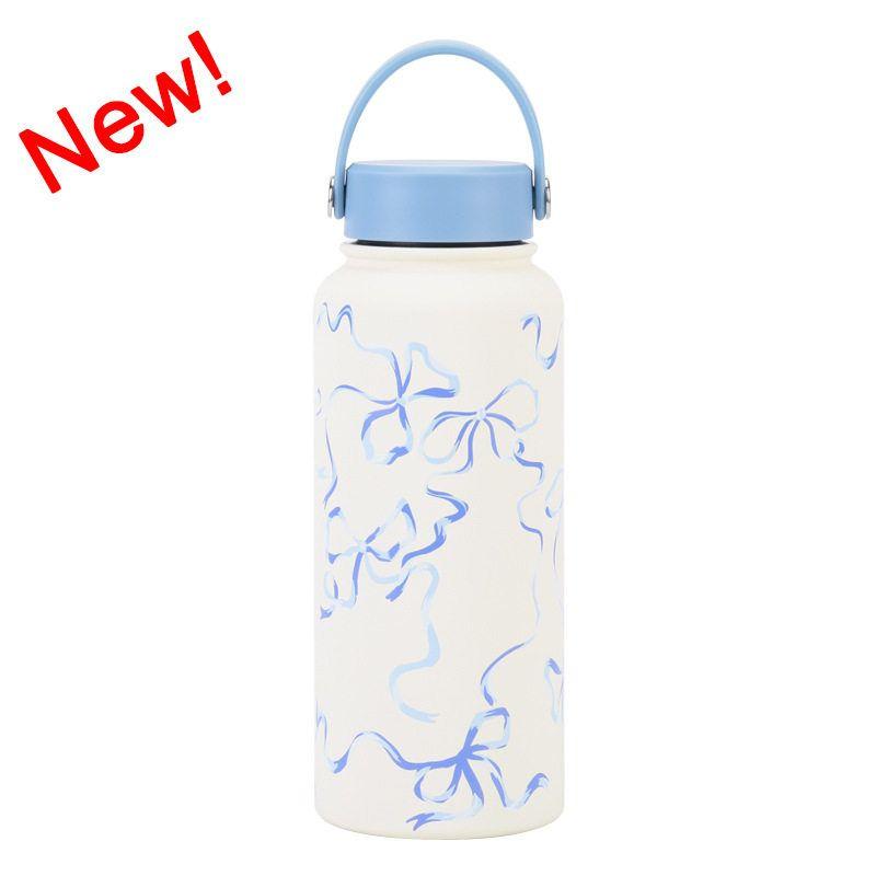 2025 New Model 1L Large Capacity Thermos Cup with Wide Mouth, Portable Handle, Sports Water Bottle, Outdoor Printed Water Cup for Women