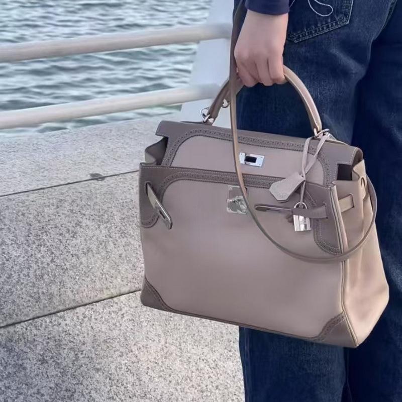 2025 New Leather Women's Bag First Layer Cowhide 28cm Lace Bag Double Shoulder Strap Handbag Cross-border Wholesale