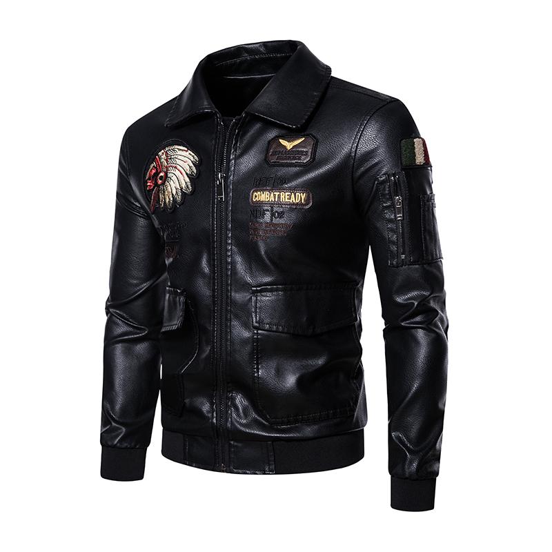 Autumn Winter Embroidered Leather Jacket Men Fleece Pu Leather Waterproof Motorcycle Jacket