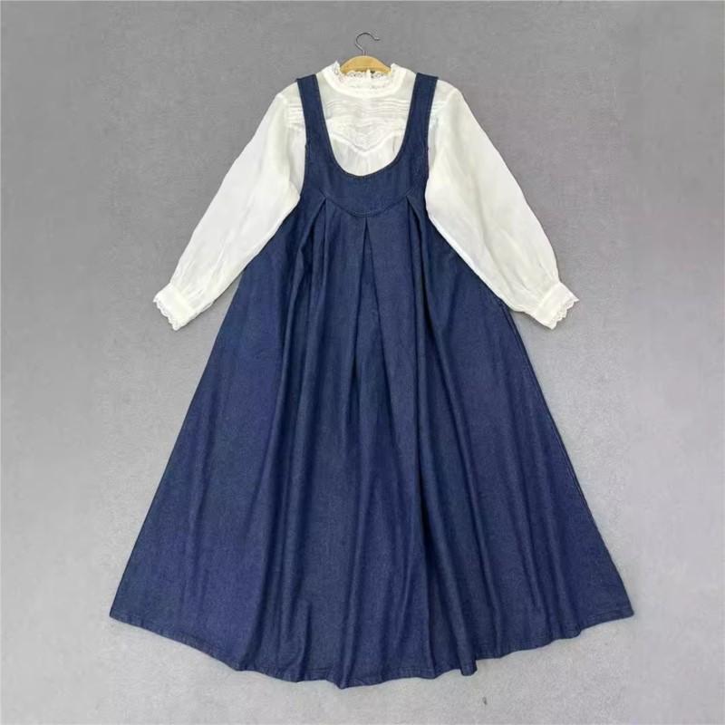 Johnature Japanese Denim Strap Dresses Autumn Loose Casual Lace Layered Sleeveless Casual Vest Dresses