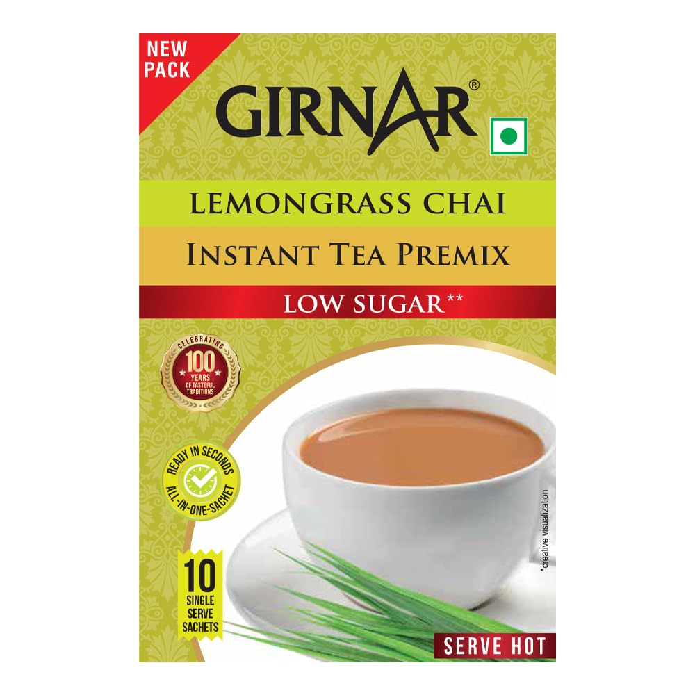 Girnar Instant Premix Lemongrass Chai Tea 10 Low Sugar Sachets Caffeine Free Refreshing Beverage