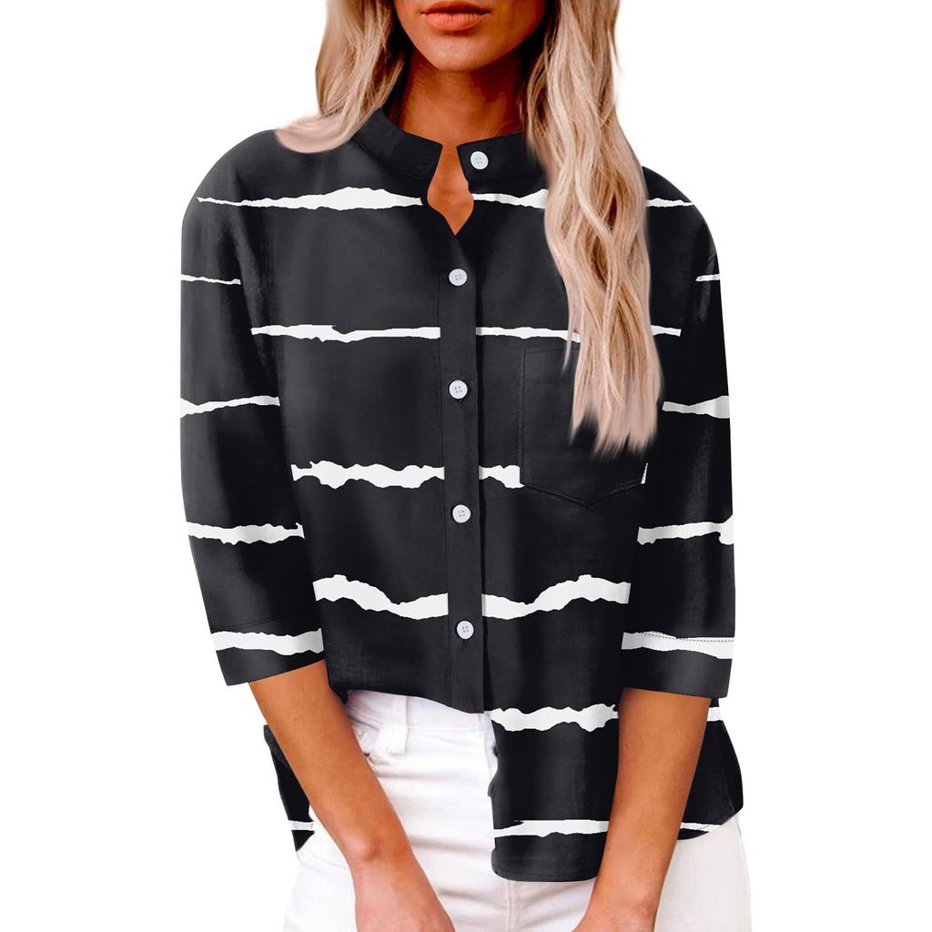 Women's Fashion Casual Shirt Button Loose Seven Sleeve Striped Patchwork Printed Top