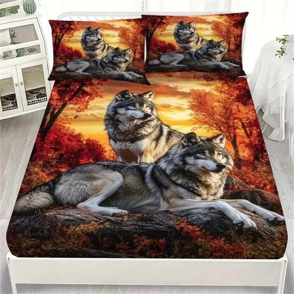 Animal Wolves Print Bedding Set,Wildlife Bed Sheet 2 Pieces (No Flat Sheet) with Pillowcase,Wolf Family Fitted Sheet Double Size