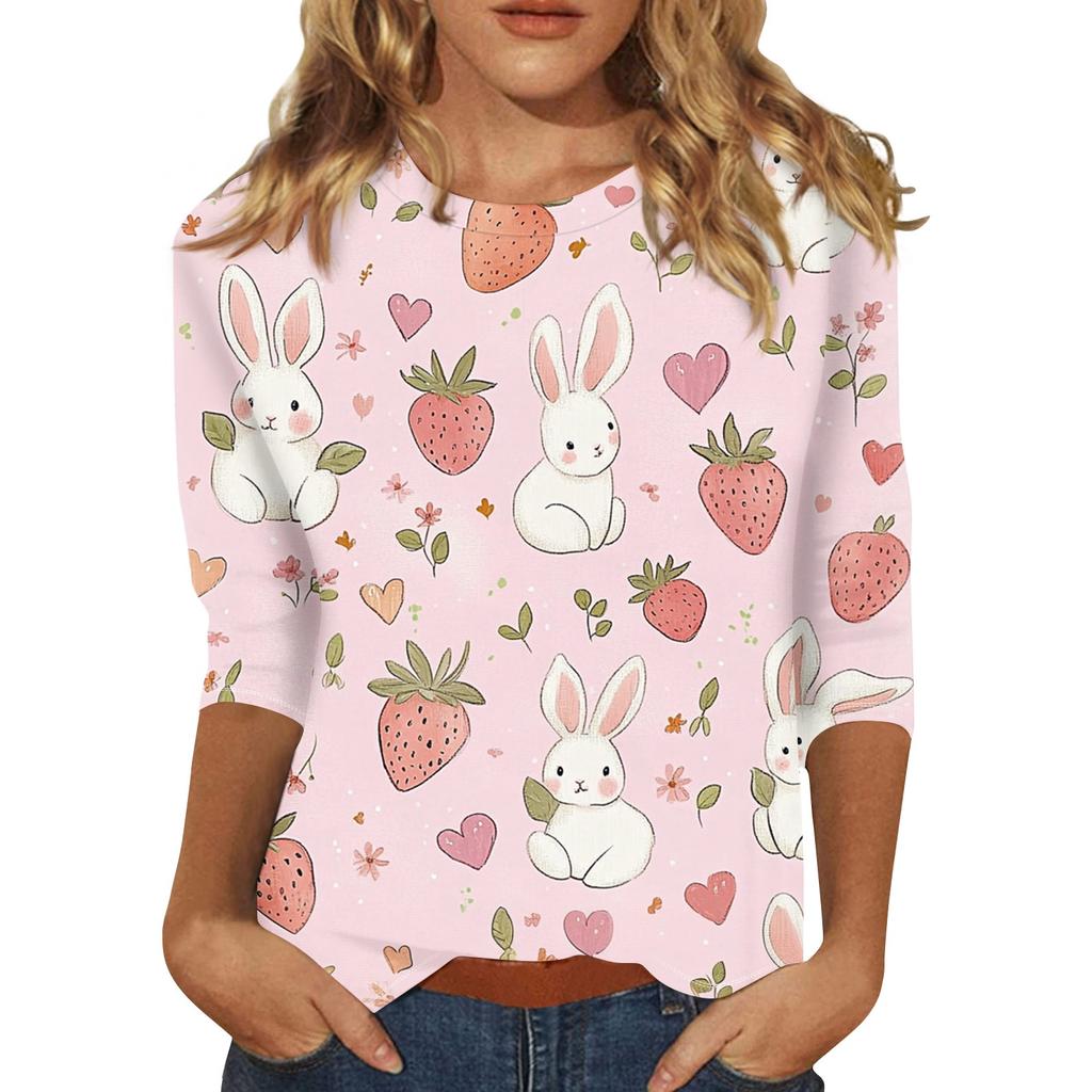 Women's Fashion Loose Casual Seven Sleeve Printed Round Neck Top