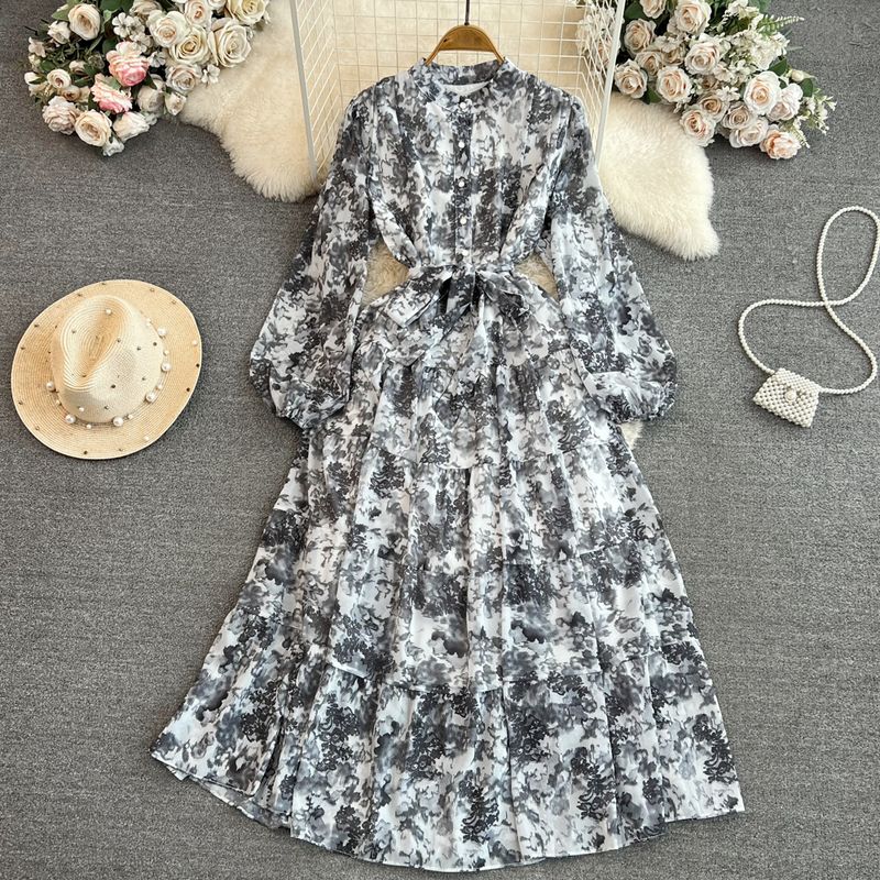 Long Sleeves Stand Collar A- Line Elegance Wide Hem Printed Dress