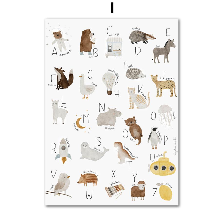 Бохо Детская Медведь Кролик Обезьяна Луна Номер Алфавит Настенное Искусство детские принты Плакаты Для Детской Комнаты Детский Декор Холст Картины