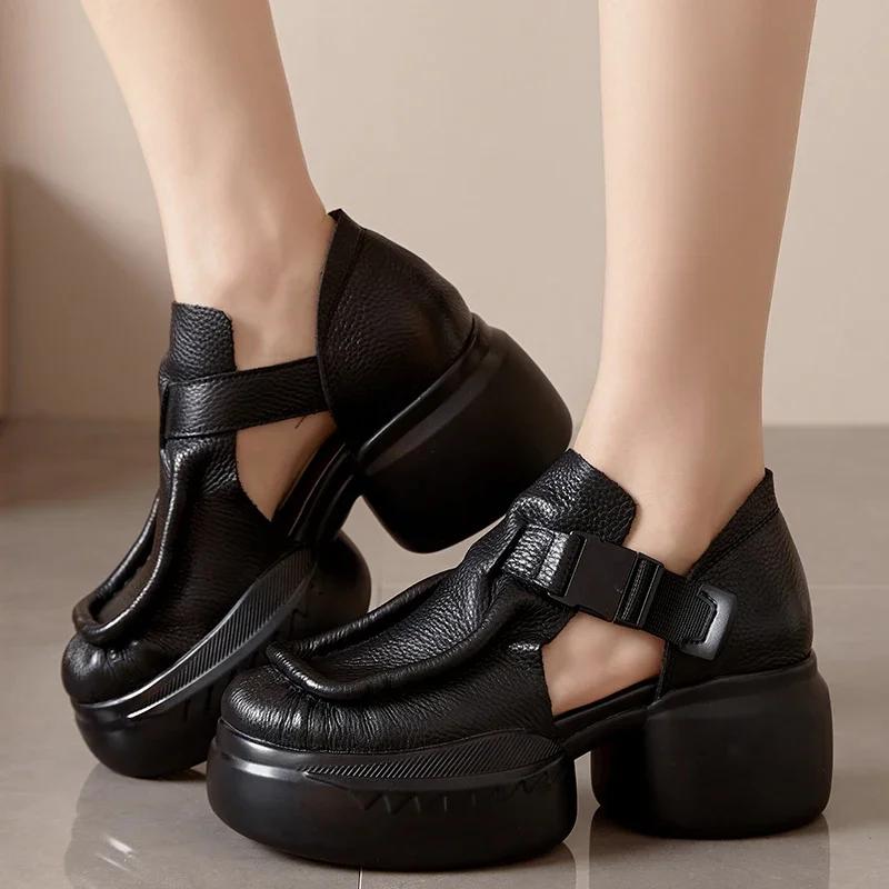 Fashion Retro Genuine Leather Thick Sole Platform Shoes Women 2024 Summer New Waterproof Comfort Round Toe Handmade Sandals
