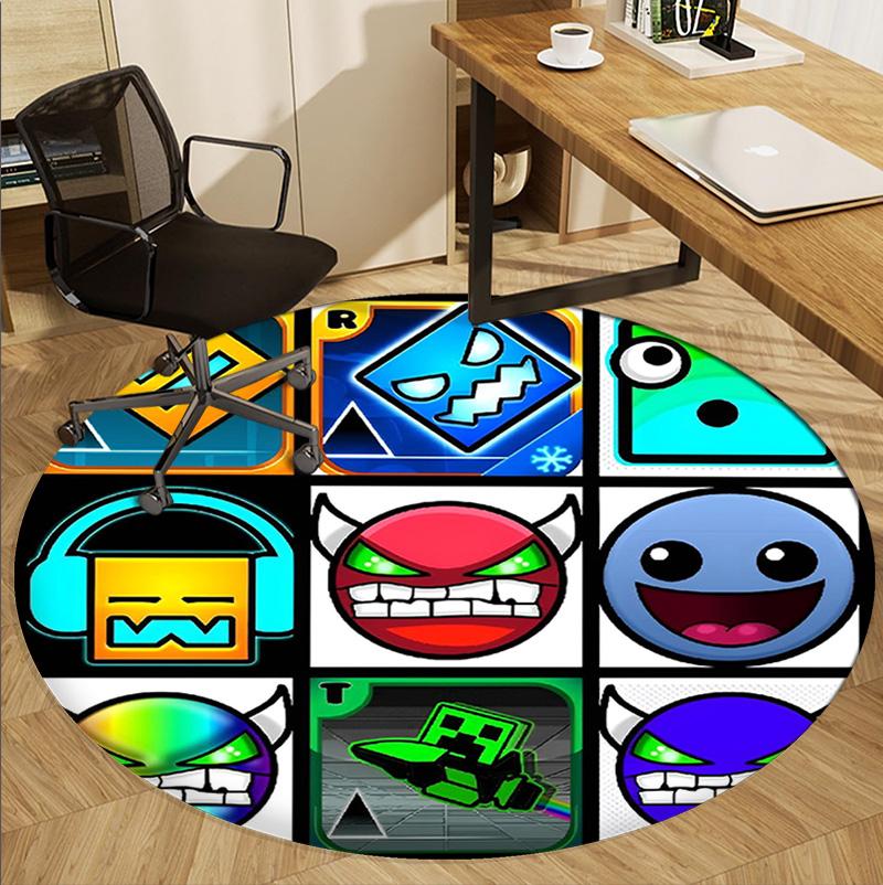 Geometry Dash Pattern Round Rug, Indoor/Outdoor Mat, for Picnic, Gameroom, Bedroom, Office, Living Room, Home Decor Carpet, Birthday Gift