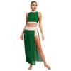 Women's Lyrical Dance Costume S-XL: Mock Neck Sleeveless Keyhole Back Rhinestone Crop Top & Side Split Flowy Mesh Skirt for Performance