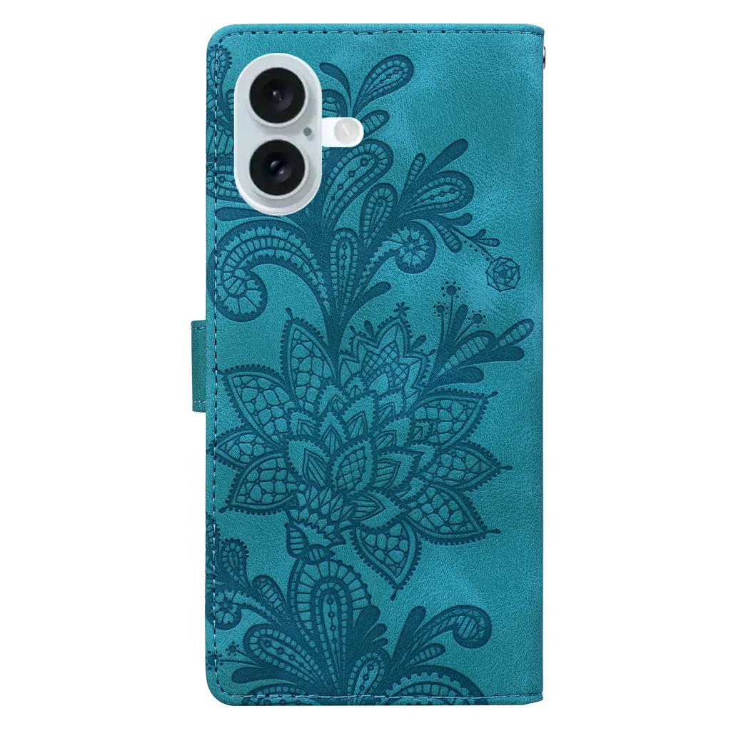 For iPhone 16 Case Imprinted Lace Flowers PU Leather Wallet Phone Cover - Green