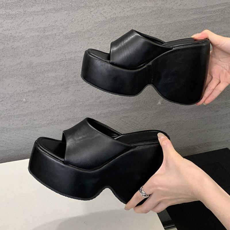 Liyke Summer 13CM Super High Heels Wedges Slippers Women Slides Soft Cozy Solid Leather Chunky Platform Shoes Female Sandals