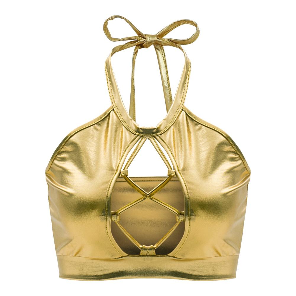 Women's Metallic Design Sexy Slim Halter Camisole Illusory Color Glossy Sparkly Chest Hollow Backless Lace Up Cropped Top