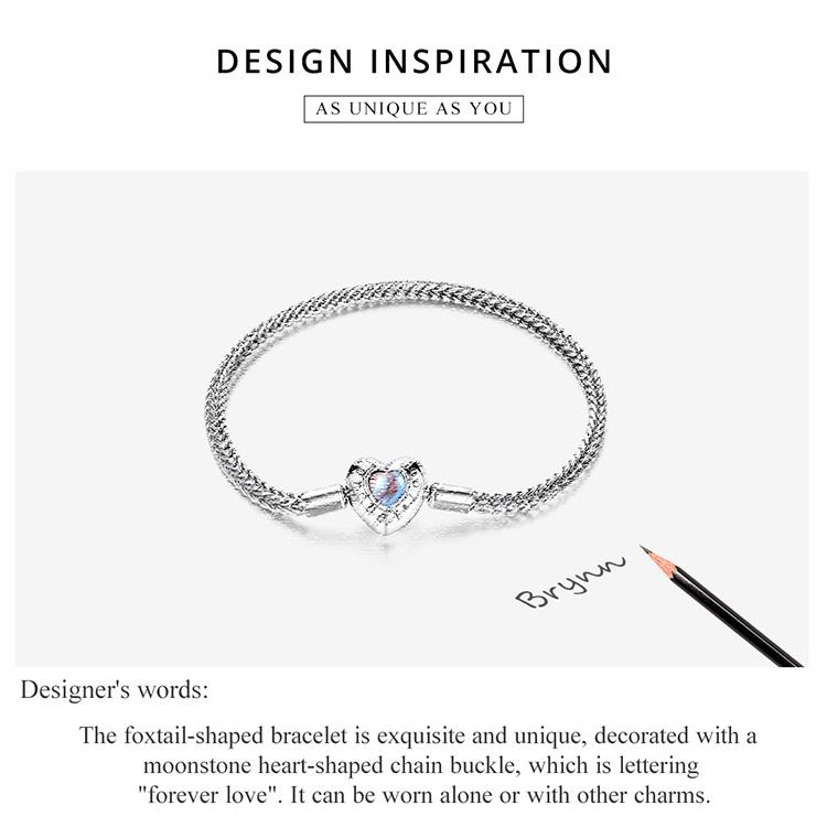 WOSTU Изысканный браслет-цепочка из стерлингового серебра 925 пробы с лунным камнем в форме сердца, подходит для браслета, ювелирных украшений