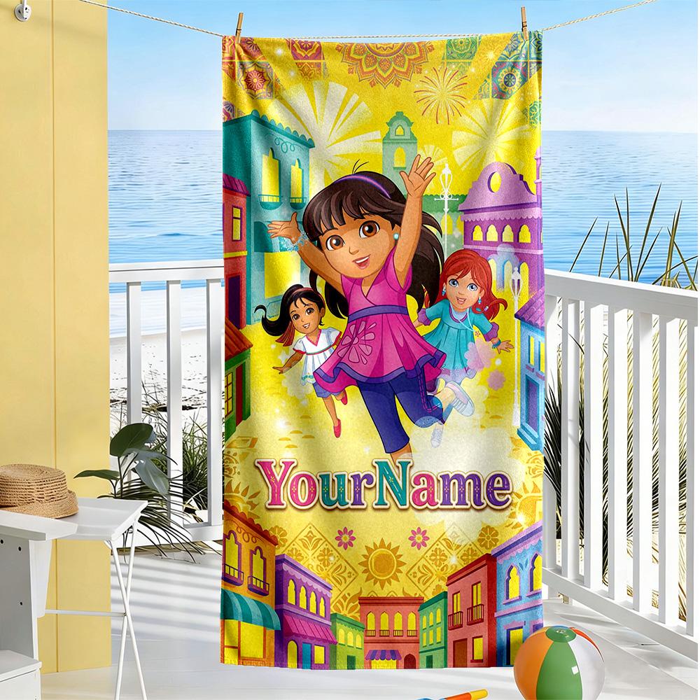 Dora Explorer Customized Name Beach Towel Soft Durable Quick-Dry Perfect for Traveling Yoga Camping and Swimming