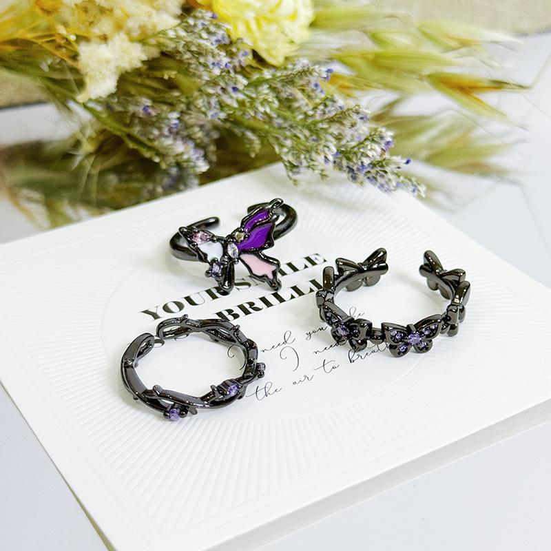 Темно-фиолетовый циркон Жидкая неправильная эмалевая бабочка Открытое кольцо Персонализированное Spice Girl Кольцо-штабель с нишевым кольцом Женское