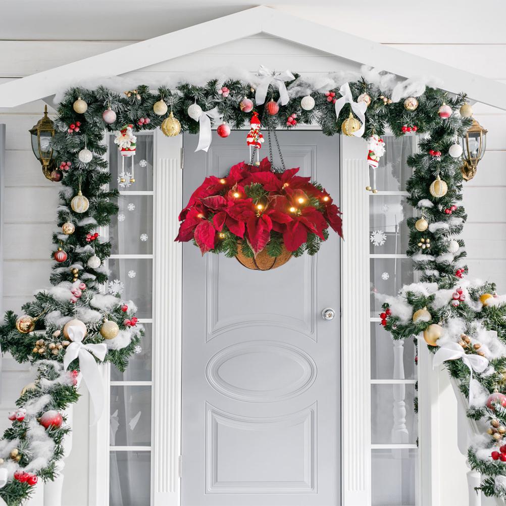 Pre Lit Christmas Hanging Basket Flocked with Mixed Decorations and LED Lights Artificial Frosted