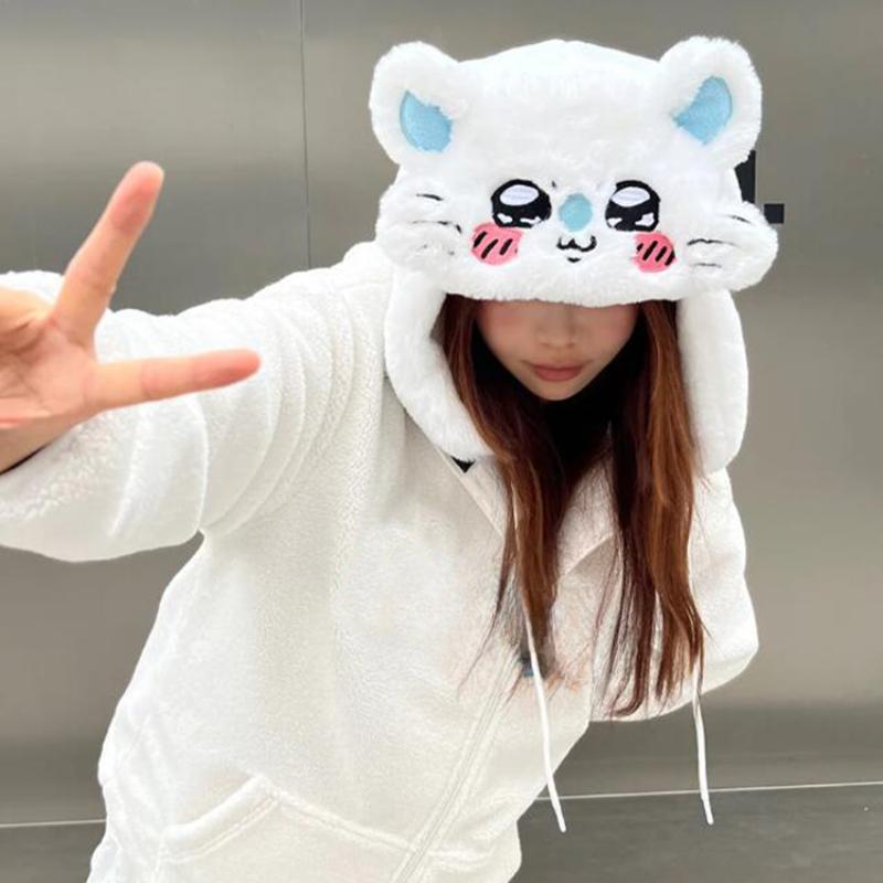 Y2K Fashion Winter Warm Cute White Cat Plush Ear Protection Hat