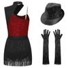 Womens Latin Jazz Dance Outfit Cutout Sleeveless Leotard Shiny Sequins Contrast Color Patchwork Fringed Bodysuit Gloves Hat