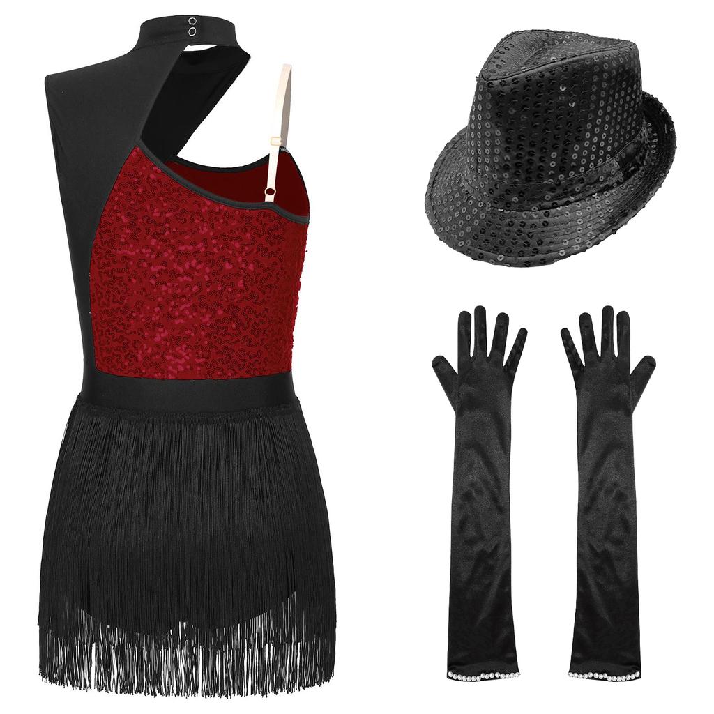 Womens Latin Jazz Dance Outfit Cutout Sleeveless Leotard Shiny Sequins Contrast Color Patchwork Fringed Bodysuit Gloves Hat