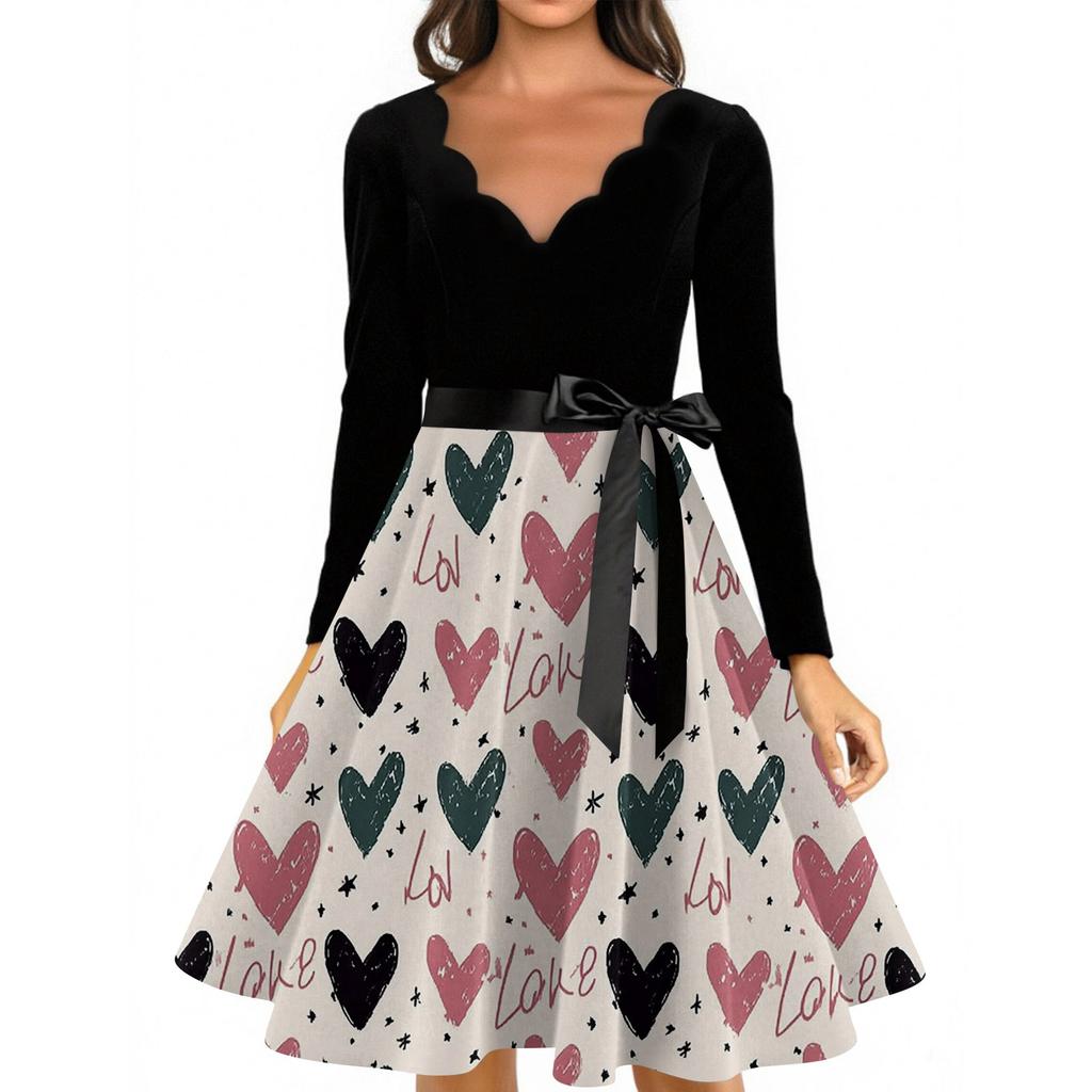 Стильное и элегантное женское платье с длинными рукавами и V-образным вырезом в форме сердца ко Дню святого Валентина