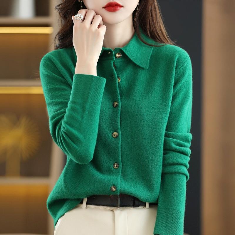 Sweater, Cardigan, Semi-wool Autumn-winter Women's New Loose Polo Top with Lapels, Knitted Cardigan