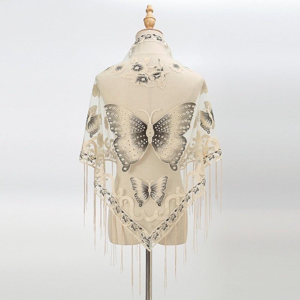 Butterfly Lace Hollow Scarf Polyester Mesh Scarves Elegant Tassel Triangle Shawl Church