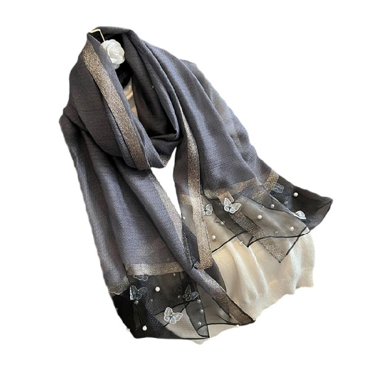 Stylish Butterfly Design Polyester Scarf Women Hijab Shawl Stole Wrap Beaded Accents Fashion Accessory