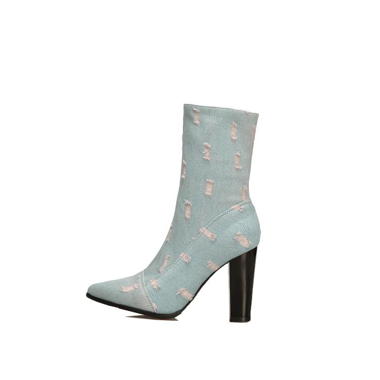 Fashion Pointed Denim Botines Femme 2024 Street High Heels Jeans Boots Women Side Zipper Mid-high Denim Bottes Tassel Chelsea Booties