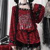 Harajuku Punk Striped Print T Shirts Y2k Gothic Girls Off Shoulder Blue Red Loose Butterfly Letter 2000s Subculture Grunge Tees