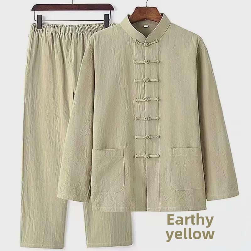 Мужской костюм Тан на весну и осень: Костюм из двух частей в китайском стиле из хлопка и льна с пуговицами