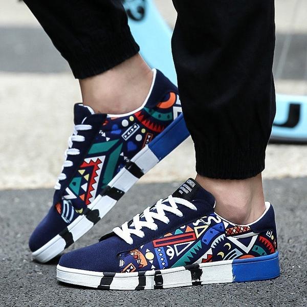 Men Spring Casual Flat Colorful Cool Graphic Low Top Canvas Sneakers Shoes Lightweight And Comfortable Fit