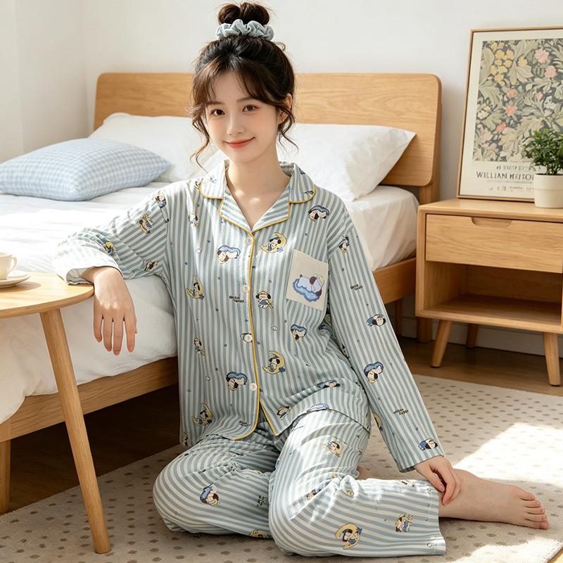 Home Comfortable Cotton Pajamas Women's Autumn Cartoon Striped High-value Homewear Long Sleeve Two-piece Set