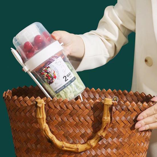 Коробка для салата, прозрачная портативная разделенная на два отделения чашка для завтрака, овсянка, хлопья, орехи, йогурт, контейнер с вилкой, школьный ланч-бокс для хранения продуктов