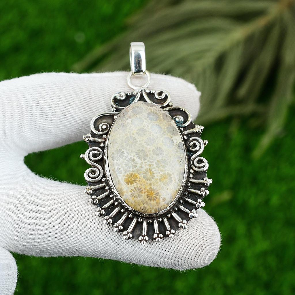Sterling Silver Fossil Coral Stone Daughter Ethnic Handcrafted Bezel New Pendant