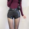 Black V High Waist Faux Leather PU Shorts With Belt Woman Autumn Winter Sexy Slim Package Hips Mini Hot Short Pants
