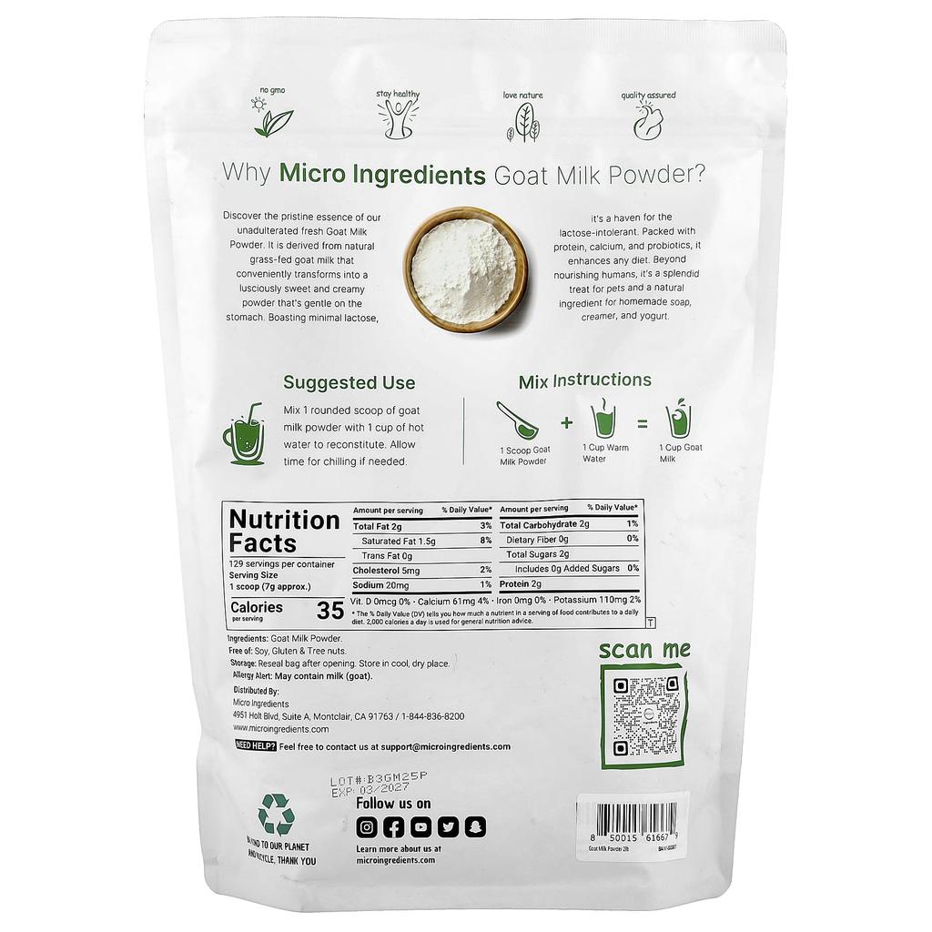 Micro Ingredients Сухое козье молоко, 2 фунта (907 г)