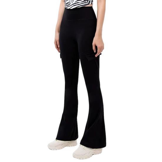 Women Flared Pants Elastic High Waist Wide Leg Casual Trousers with Flap Pockets Solid Color Cargo Pants Daily Wear