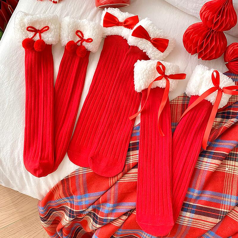 1 пара красных чулок, новогодние носки, хлопок, бант, кружево, плюш