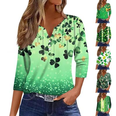Жен. Футболка Футболка С принтом Пуговицы Рукав 3/4 Повседневные Выходные Мода Классический V-образный вырез Обычный Топ