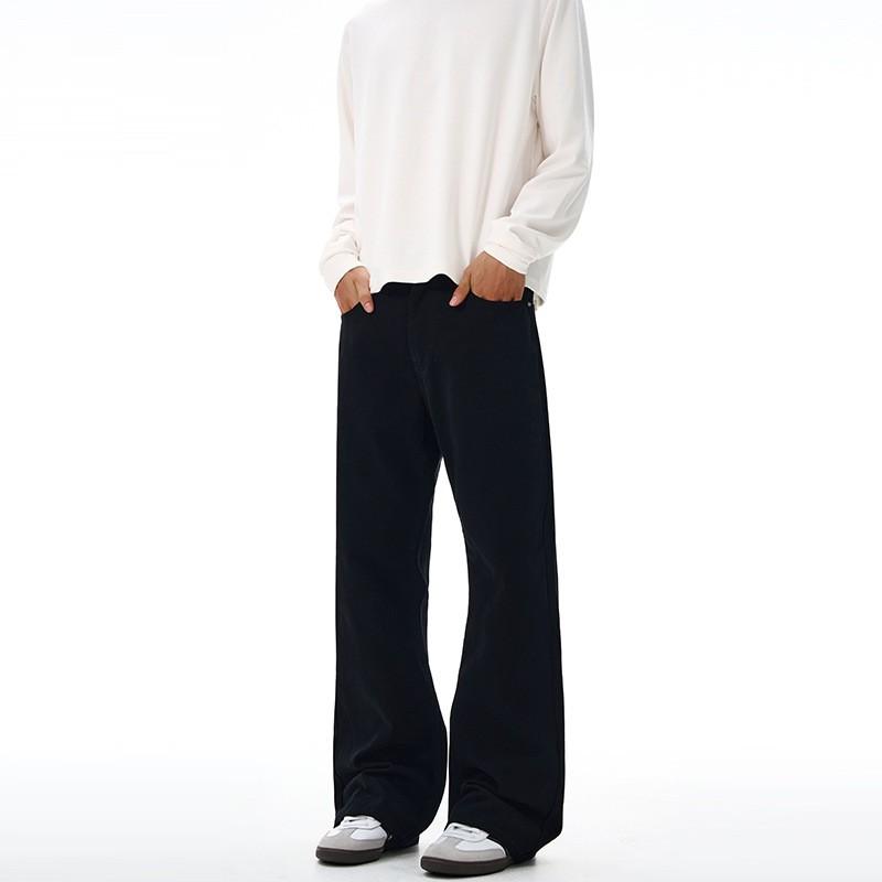 Mens Black Cotton Straight-Leg Flared Casual Pants Streetwear Slim Fit Winter
