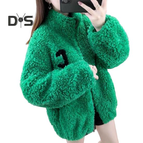 Зимнее женское пальто из утолщенного двухстороннего искусственного флиса, однотонное, воротник-стойка, защита шеи, декор в виде букв, длинные рукава, сохраняющие тепло, для путешествий на свежем воздухе