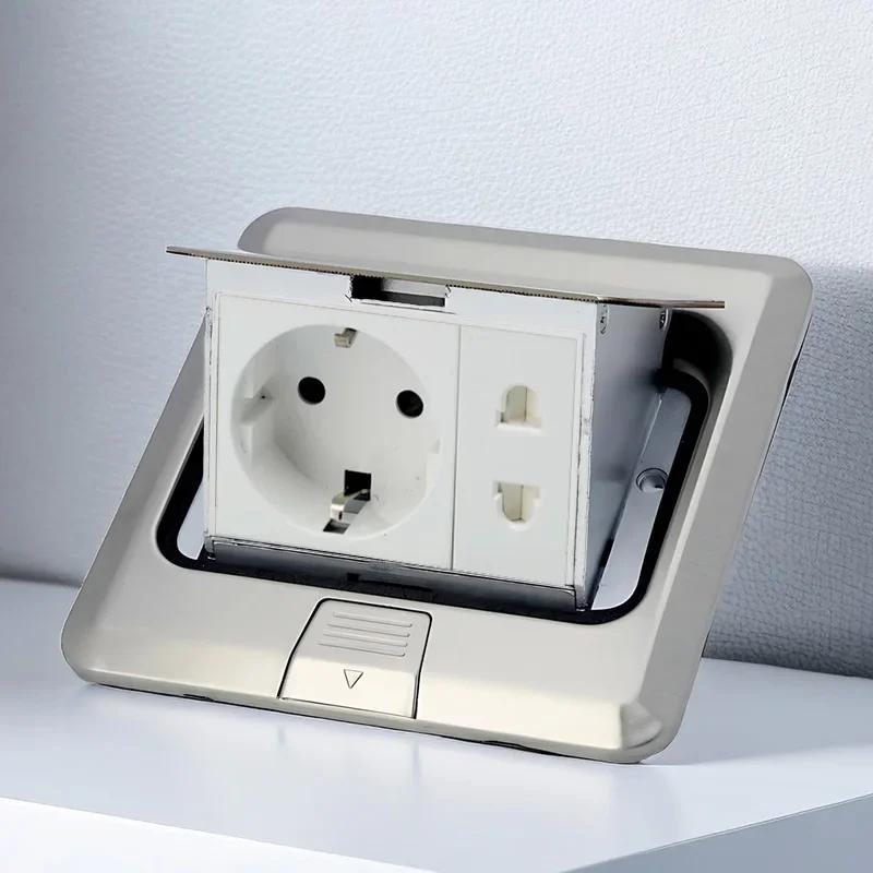 Floor Electrical Outlet Pop Up Kitchen Countertop Waterproof Sockets Pop Out Receptacle Stainless Steel Box Golden Cover 15A