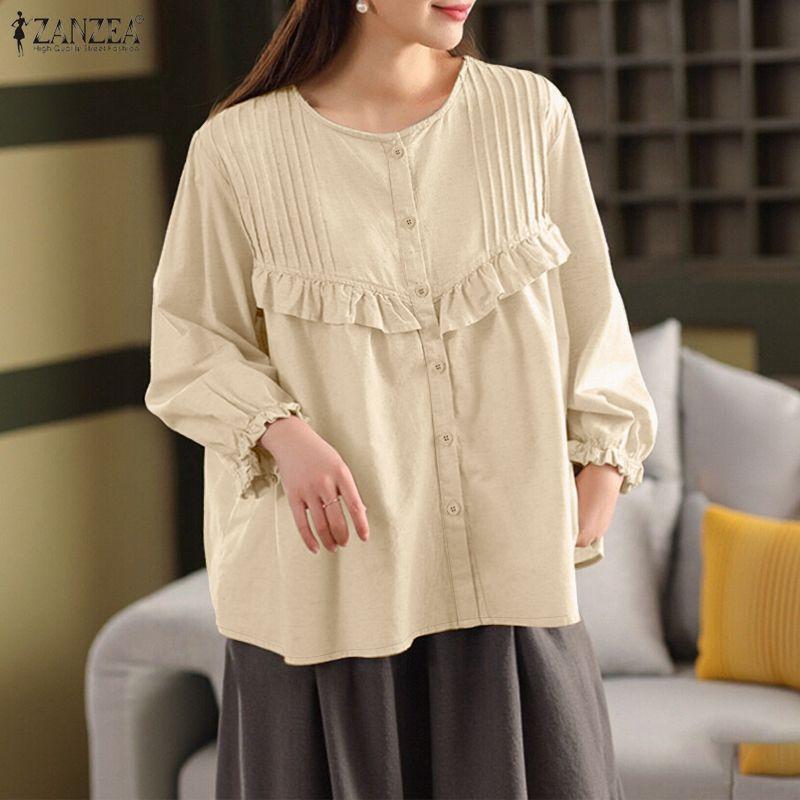 ZANZEA Женская повседневная однотонная блузка с круглым вырезом и длинным рукавом