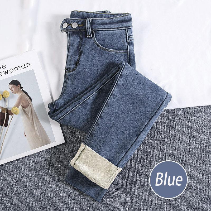 Зимние толстые бархатные женские джинсы скинни с высокой талией, простые флисовые теплые облегающие эластичные женские повседневные джинсовые брюки-карандаш