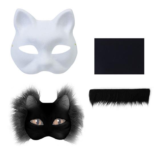 Cat Masque DIY Set White Paper Cat Masque with Eye Mesh Faux Fur Unfinished Cat Masque for Kids Adults DIY Painting