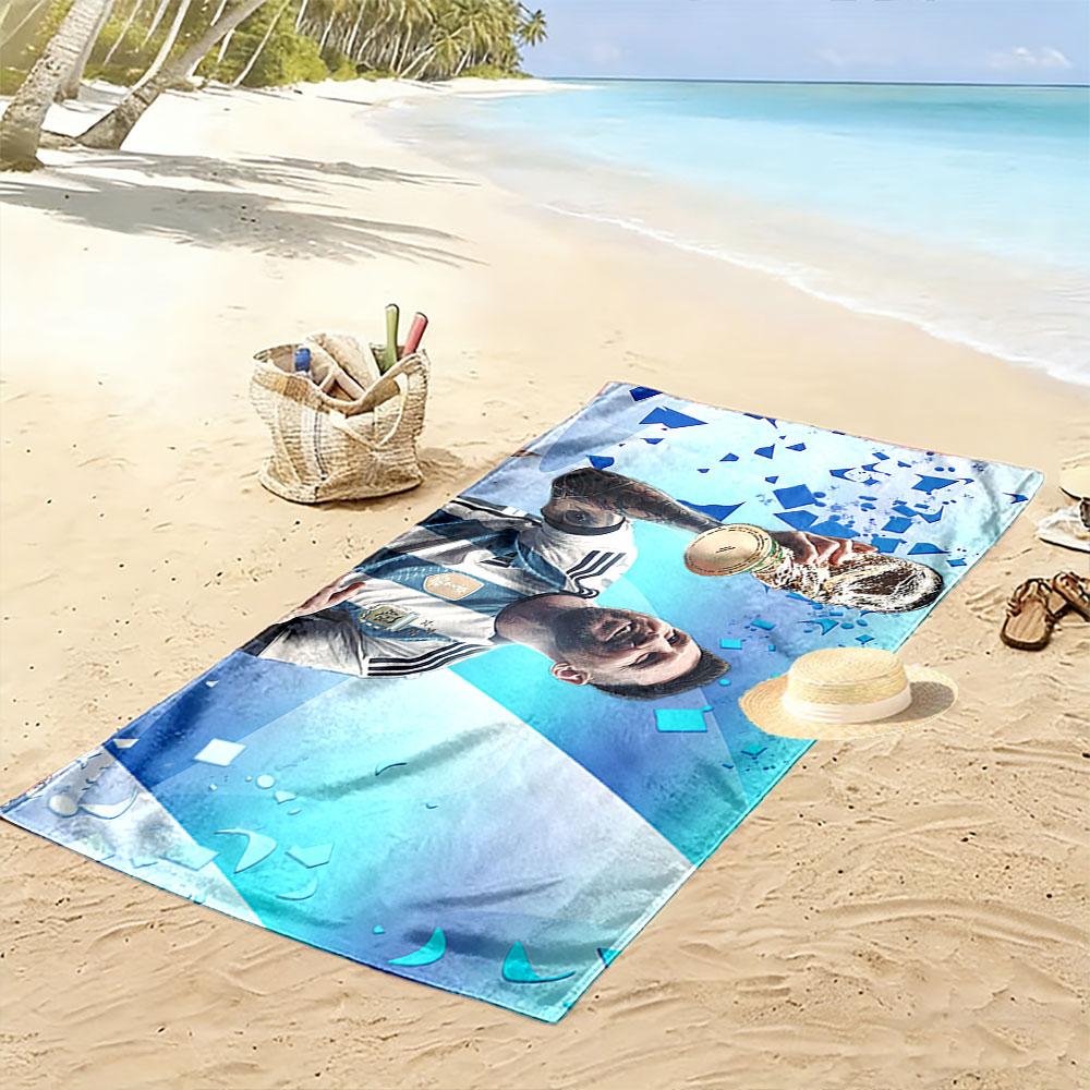 Giant Beach Towel Messi Holding World Cup Trophy, Quick Dry Microfiber, Ultra Soft, for Soccer Fan Gift