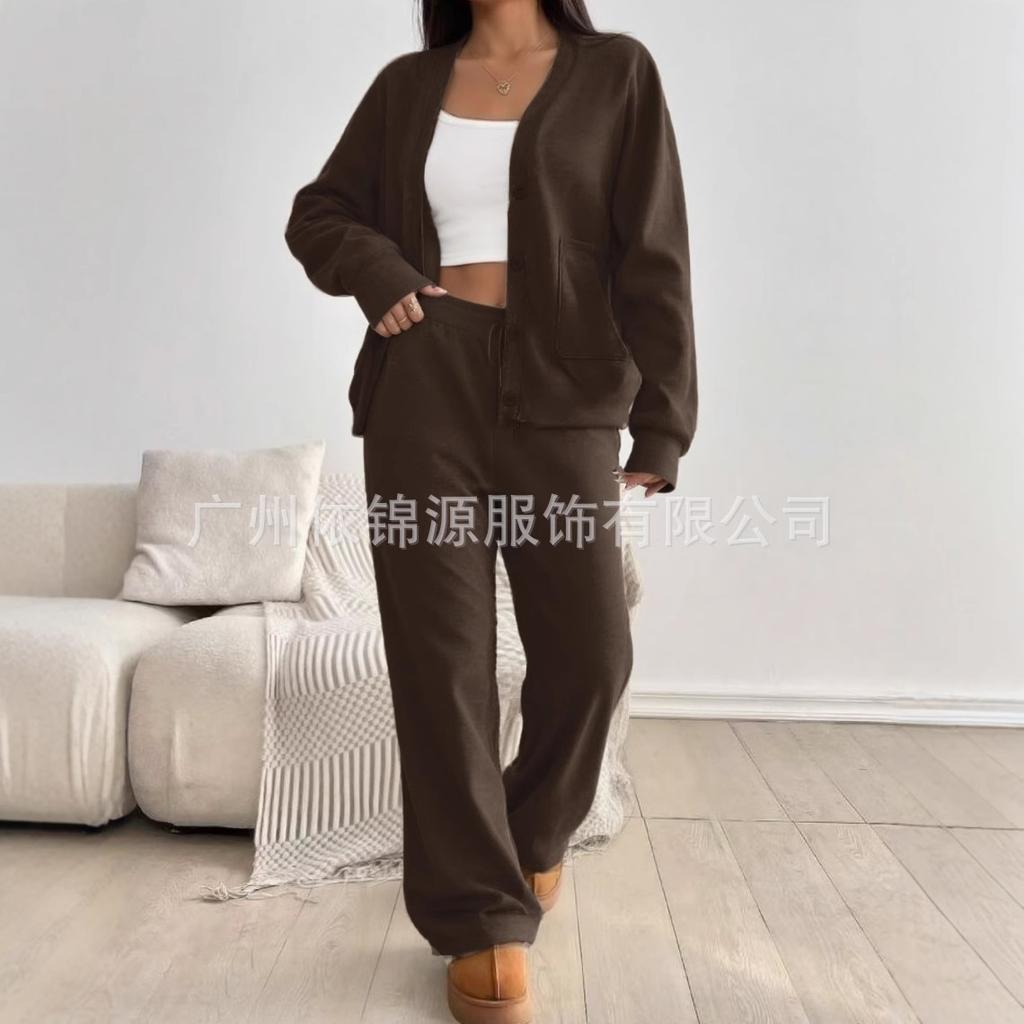 Women's Grey Button Front Knit Cardigan with Wide Leg Lounge Pants Set