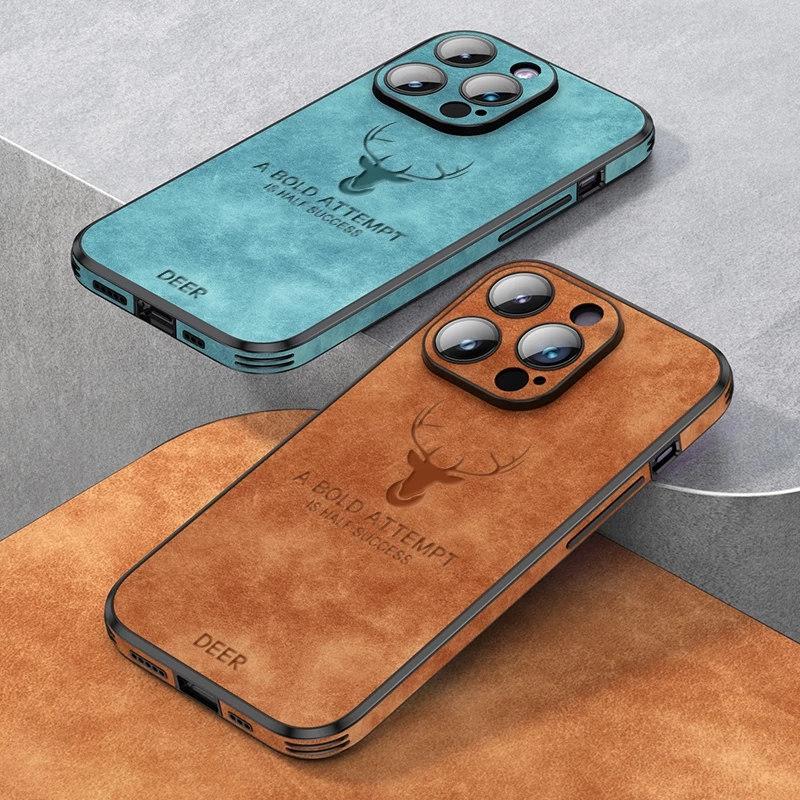 Роскошный чехол для телефона из кожи оленя для iPhone 15 14 13 12 11Pro Max XS XR XS Max 7 8Plus, стеклянный бампер с объективом, противоударный силиконовый чехол